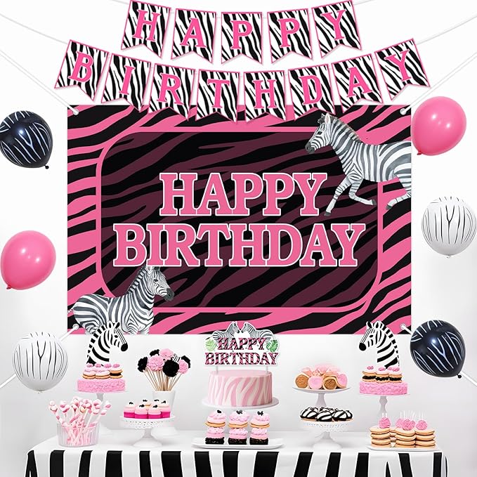 Zebra Birthday Decorations for Women Pink Zebra Happy Birthday Banner Backdrop Cake Topper Safari Jungle Theme Bday Party Supplies for Wildlife Animal Supplies