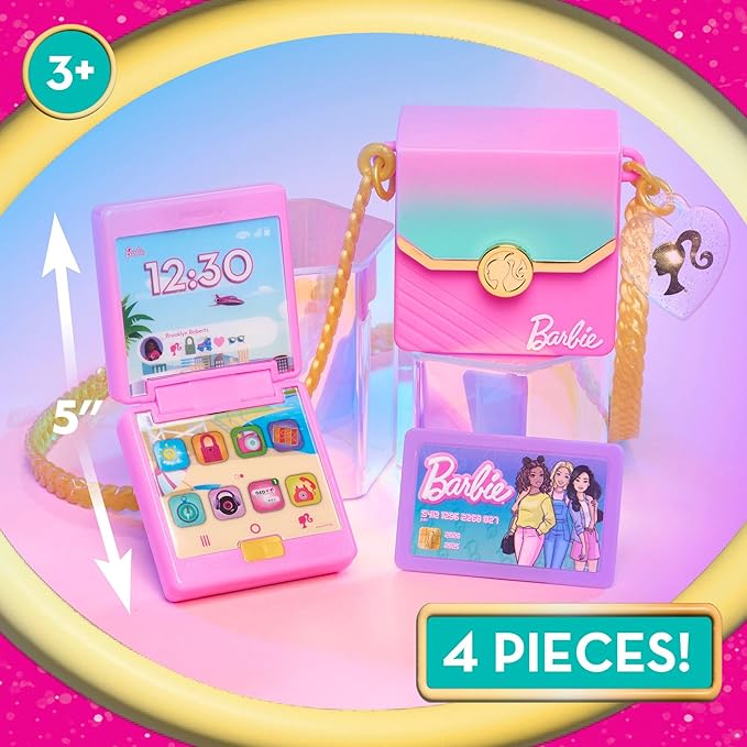 Barbie Trend Lights and Sounds Phone Set, 4-Pieces, Interactive Toy Phone, Toy Purse, Dress Up and Pretend Play, Kids Toys for Ages 3 Up by Just Play