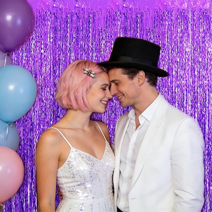 TONIFUL 2Pcs Wavy Purple Door Streamers,Black and Pink Photo Booth Backdrop Metallic Streamers Foil Fringe Curtain for Birthday,New Year,Graduation,Grad,Baby Shower Party Streamers Decoration