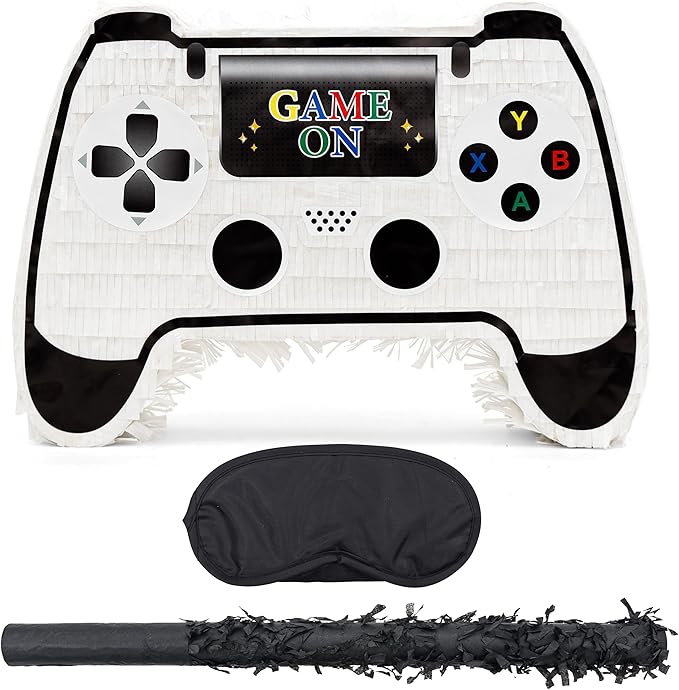 White Game Controller Pinatas Bundle with a Blindfold and a Bat(16.5 x 12 x 3.5 Inches), Perfect for kid's Birthday Parties, Mexican Theme Parties, Decorations