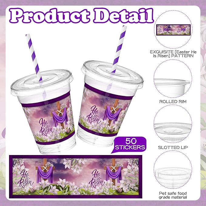 50 Set Easter He Is Risen Disposable Plastic Cups 12 oz with Lids Straws Religious Christian Easter Party Drinking Cups Spring Lily Floral Drinkware for Egg Hunt Holiday Party Supplies