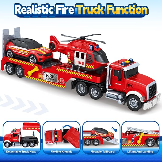 Toddler Boy Toys for 3 4 5 6 7 Years Old Kids, 21" Semi Fire Truck Toy with Racing Car and Helicopter, Friction Powered Toys with Lights and Sounds, Birthday for Boy Girls