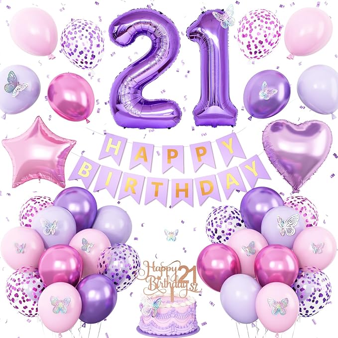 21st Purple Birthday Decorations,Pink Purple 21st Birthday Balloons for Women Butterfly Party Decor with Number 21 Balloons Cake Topper Butterfly Party Supplies for Girls 21st Party Decorations