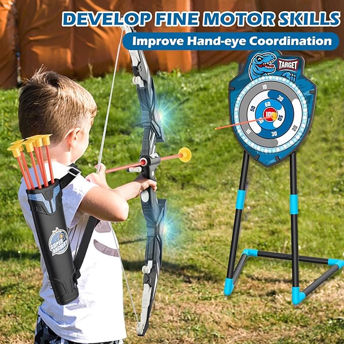 Kids LED Archery Set with Standing Target, 10 Suction Cup Arrows Bow and Arrow for Kids 3-12, Indoor Outdoor Sport Toy for Boys Girls