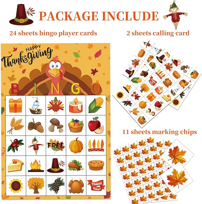 Thanksgiving Games for Kids, Bingo Cards 24 Players Thanksgiving Crafts for Kids Fall Festival Games Friendsgiving Party Favors Supplies Activities Gifts