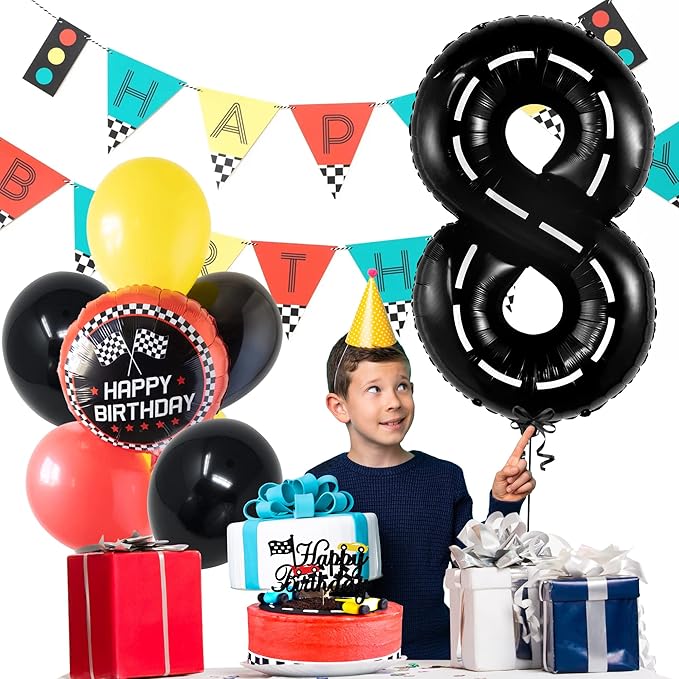 KatchOn, Giant Number 8 Check Balloon - 40 Inch | 8 Construction Balloon Decor | 8th Road Birthday Decorations | Number 8 Road Balloons for 8th Birthday Racing Decorations Boy