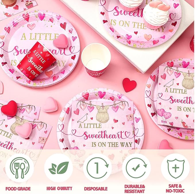 Hushee 200 Pcs Valentine's Day Little Sweetheart Baby Shower Paper Plates Cups Napkins Party Supplies Tableware Set Disposable Cup Napkin for 50 Guest Party Decoration