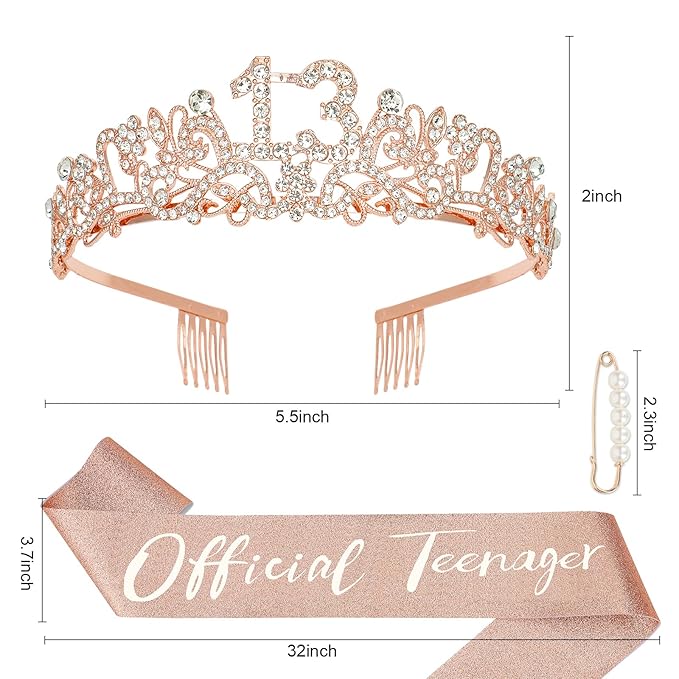 Semato 13th Birthday Decorations for Girls - 13th Birthday Sash and Crown Kit for Girls Birthday Gifts Happy Birthday Tiara Birthday Party Favors