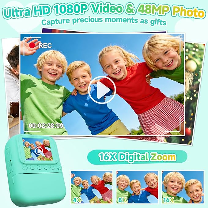 Kids Camera Instant Print Camera for Kids, Toddler Camera Toys for 3 4 5 6 7 8 Year Old Girls Boys Christmas Birthday Gifts, Kids Digital Camera Instant Print Color Photos 5 Rolls Paper 32GB, Green