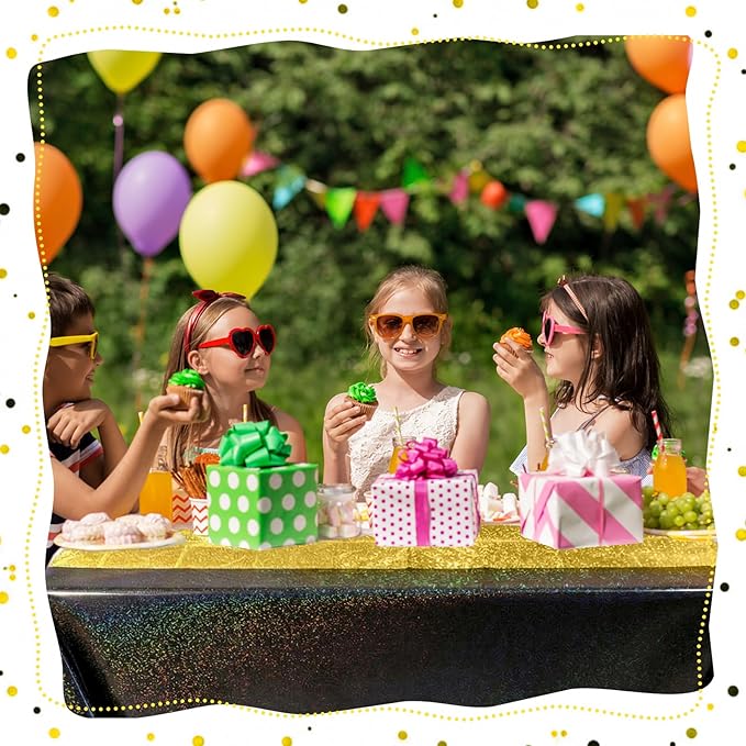 Oudain 2 Pcs Black & Gold Holographic Party Tablecloth 54 x 108 Inch Party Decoration Plastic Rectangle Table Cloth Waterproof Table Cover for Wedding Birthday Anniversary Graduation Supplies