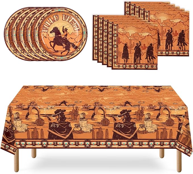 WERNNSAI Western Party Decorations - 33 PCS Western Tablecloth Plates and Napkins Cowboy Birthday Party Supplies for Boys Kids Men Rodeo Tableware Set Serves 16 Guests