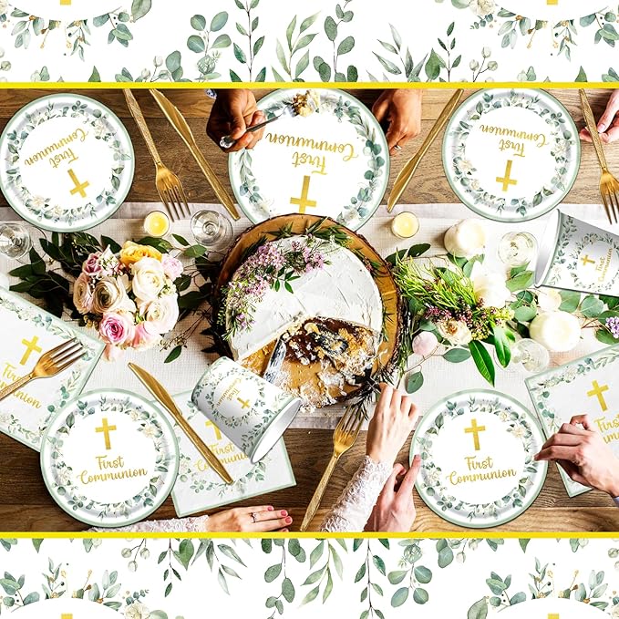 First Communion Decorations, First Communion Plates and Napkins Green Primera Comunion Decoracion First Communion Party Supplies for First Holy Communion Baptism Party Decorations Serves 25