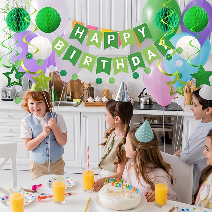 Green and White Birthday Decorations, Happy Birthday Banner with Green Star Hanging Swirl Streamers Honeycomb Balls Paper Circle Garland For Party Supplies