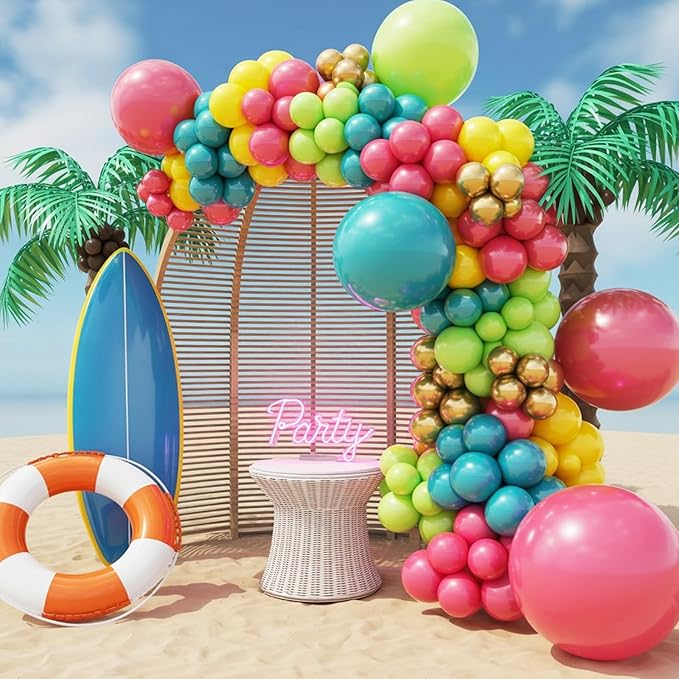 Tropical Balloons Kit,12 Inch Hawaiian Balloons Hot Pink Orange Teal Green Metallic Gold Latex Colorful Balloon for Baby Shower Summer Birthday Party Decorations