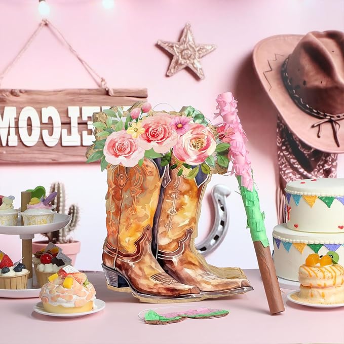 Pajean Cowgirl Boot Piñata Set Cute Western Piñata with Stick Blindfold Photo Prop Gift Holder for Girls Kids Bridal Shower Birthday Baby Shower Horse Racing Party Decoration Supplies