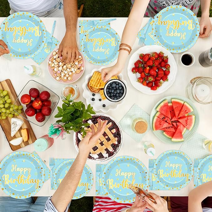 CHUNNIN 96PCS Blue Birthday Plates and Napkins Birthday Party Decorations Light Blue and Gold Dessert Plates Tableware for 24 Guests Kids Party Supplies