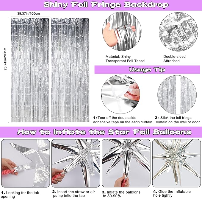 Purple Birthday Decorations for Women Girls, Lavender Purple Silver Party Decorations Kit with Happy Birthday Banner Backdrop Tablecloth Fringe Curtain Balloon Arch