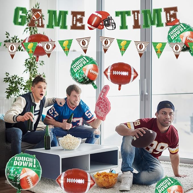 Football Theme Party Supplies, Party Kit Including "GAME TIME" Banners - 6 Pcs Round 'Touchdown!' Foil Balloons - 6 Pcs Football Foil Balloons, Game day, Tailgate Decorations