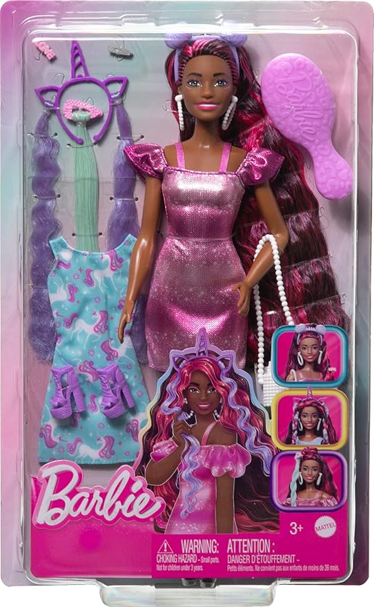 Barbie Fun & Fancy Set, Fashion Doll with Extra-Long Color-Streaked Black Hair, Clothes & Styling Accessories