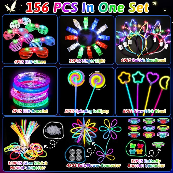 Glow Sticks Party Favors for Kids/Adult 156 PCS - Glow in The Dark Party Supplies Light Up Bracelet Necklaces Glasses Headband Accessories, Birthday Easter Basket Stuffers Gifts Bags Neon Decorations