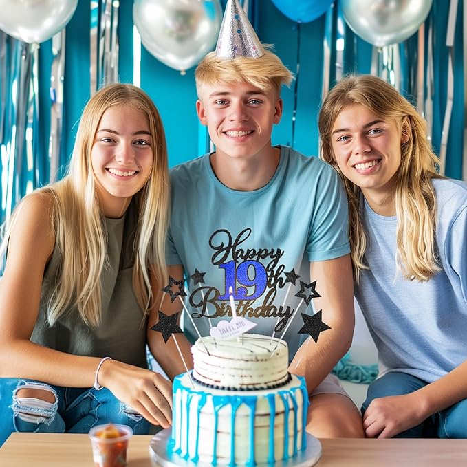 19th Birthday Cake Topper, Black Blue Happy 19th Birthday Cake Toppers for Boy Girl, 19 Years Old Birthday Party Supplies, Glitter Cake Decor, 19th Birthday Cake Decorations