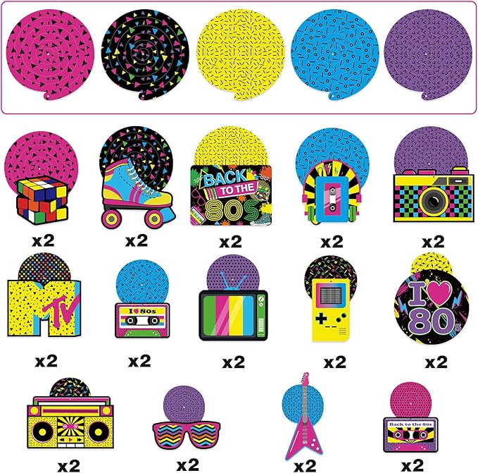 Bessmoso 28PCS 80s Party Decorations – Retro Hanging Swirls & Ceiling Streamers for 1980s Throwback Birthday, Neon Back to The 80’s Party Supplies