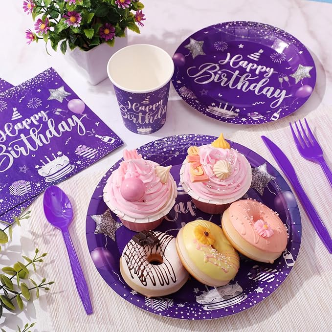 Vesici 350 Pcs Happy Birthday Party Supplies Disposable Party Tableware Set Serves 50 Included Plates Napkins Cups Cutlery for Men Woman 50th 80th Birthday Party Decorations (Silver Purple)