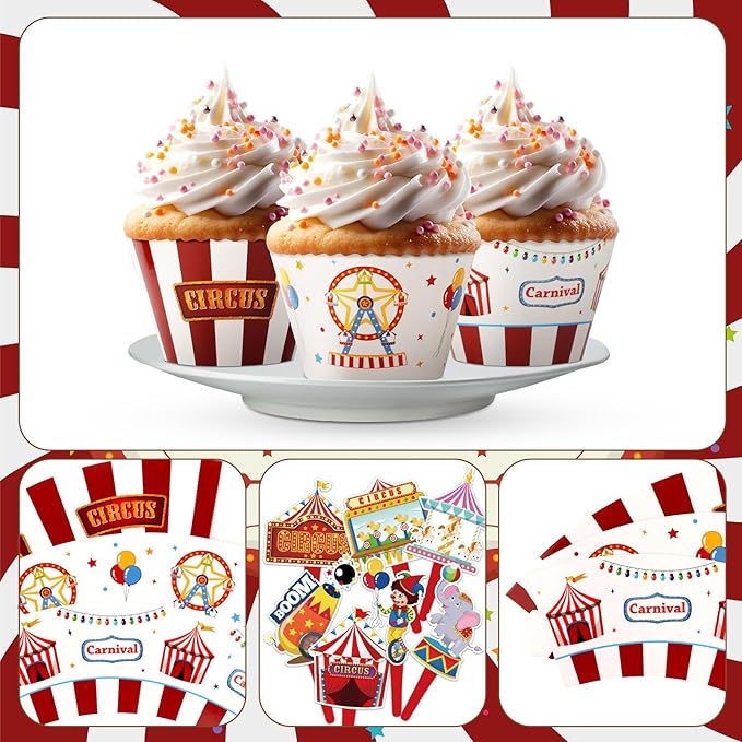 48 Pack Circus Cupcake Toppers and Wrappers, Carnival Party Cake Decoration for Carnival Theme Birthday Party Baby Shower Supplies