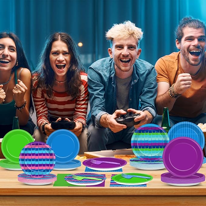 96Pcs Video Game Party Tableware Set Royale Gaming Party Supplies Game On Paper Plates and Napkins Level Up Dinnerware Decoration for Gamer Shower Birthday Parties Favor Serve 24 Guests
