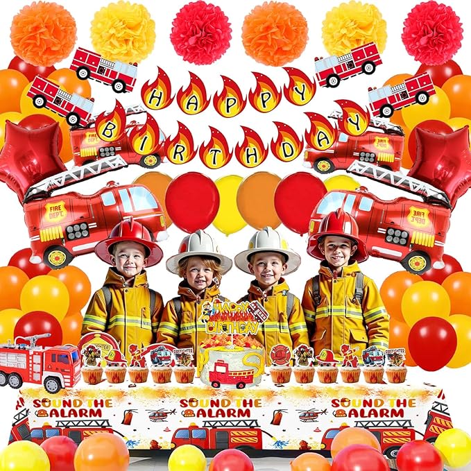 Fire Truck Birthday Party Decorations Kit – Firefighter Party Supplies with Happy Birthday Banner, Fire Truck Foil & LatexBalloons, Table Cover, Cake Toppers & Tattoo Stickers Perfect for kids Party