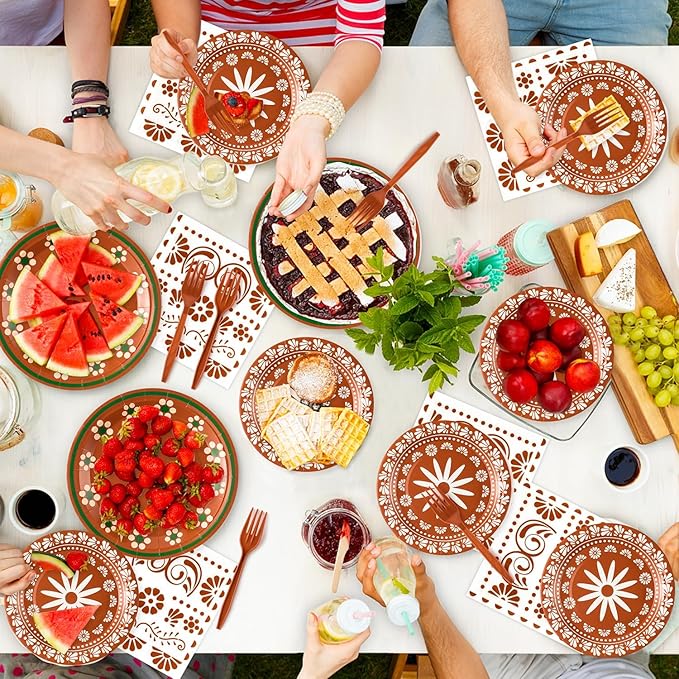 96Pcs Platos De Barro Mexicanos Cielito Lindo Terracotta Clay Party Plates Supplies Tableware Decorations Disposable Paper Plates Napkins Forks for Birthday Wedding Baby Shower, Serves 24