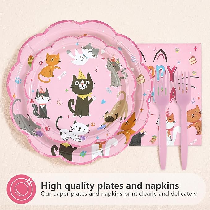 96Pcs Cat Birthday Party Supplies Cats Themed Plates and Napkins Pink Kitten Happy Birthday Tableware Set for Girls Pink Cat Baby Shower Party Supplies Serves 24