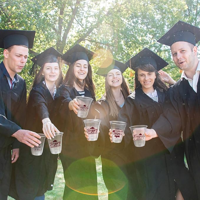 Eaasty 100 Pcs 12oz Graduation Cups 2026 Disposable Plastic Cups for Class of 2026 Graduation Party Congrats Grad Elegant Party Supplies Tableware Decorations (Wine Red)