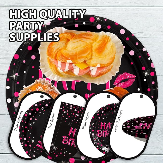 Grencian 96Pcs Hot Pink and Black Birthday Party Supplies Hot Pink Dots on Black Paper Plates and Napkins Disposable Happy Birthday Tableware Set for Women Black and Pink Birthday Decorations Serves24