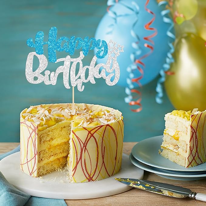 Ephlyn 1Pcs Happy Birthday Cake Topper Glitter Happy Birthday Cake Pick for Winter Wonderland Baby Shower Theme Anniversary Party Decorations Supplies Blue Silver