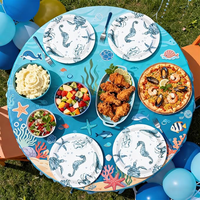 50Pcs Coastal Paper Plates 10 Inch Large Heavy Duty Seahorse Starfish Seashell Platters Blue Ocean Jellyfish Themed Plates for Winter Xmas Beach Holiday Birthday Lunch Dinner Supplies Decorations