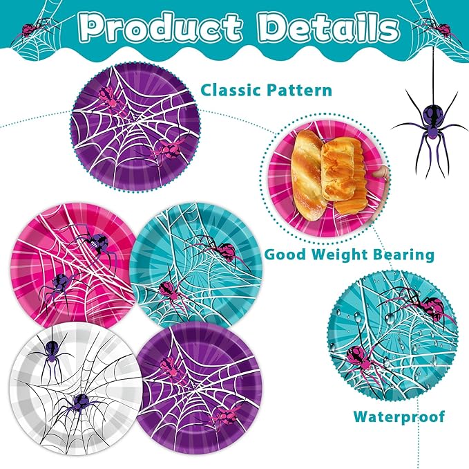 60Pcs 7'' Pink Spider Party Supplies Super Theme Hero Dessert Plates Decorations Spiderweb Disposable Paper Plates Pink Ghost Spiders Tableware for Girl Women Hero Party Favors Birthday