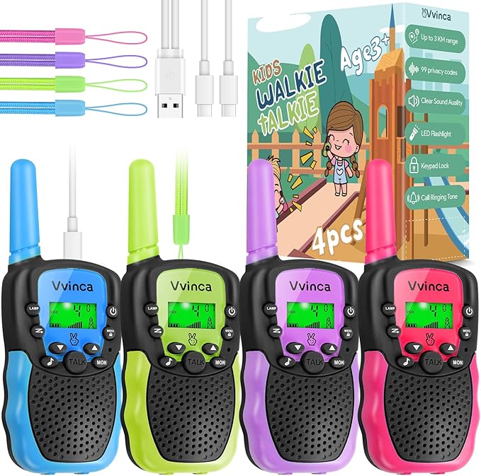 Vvinca Walkie Talkies for Kids Rechargeable 4 Pack, 3 Mile Walkie Talkie Long Range, Christmas Birthday Gift for Age 3-12 Boy Girl with Flashlight 22CH 2 Way Radio for Adventure Camping Outdoor Hiking