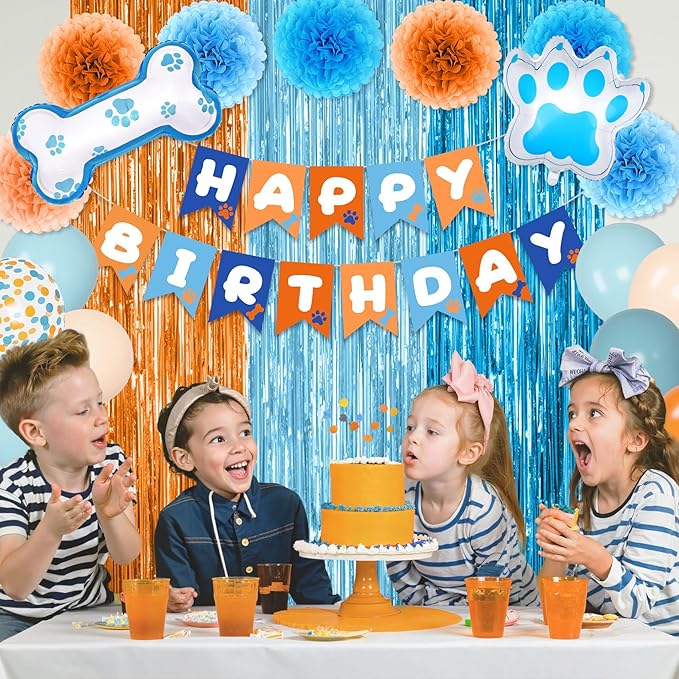 Ouddy Life Blue and Orange Party Decorations, Dusty Pastel Blue Boy Birthday Supplies Confetti Balloons Banner Dog Paw Bone Foil Paper Pompoms Fringe Curtain for Girls Kids Baby Shower Boho Decor