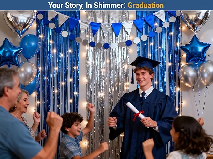 3packs Blue and Silver Foil Fringe Curtains, Blue Birthday Party Decorations Backdrop for Women, Graduation Decorations Tinsel,Retirement Tinsels for Man Him,Wedding Streamers-Each 3.3 x 6.5ft