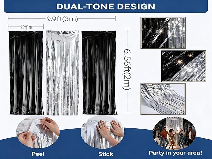 3 Packs Black and Silver Foil Fringe Curtains, Birthday Decorations Backdrop Graduation Tinsel Steamer, Retirement Farewell Engagement Wedding Bridal Shower Party Decorations