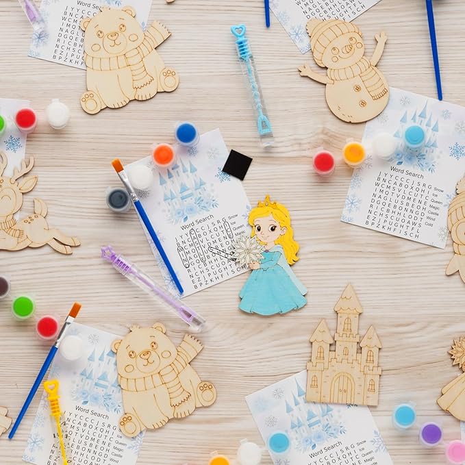 Frozen Party Favors – 12 PCS DIY Winter Wooden Painting Crafts with Bubble Wands - Frozen Birthday Party Supplies, Decorations, Goodie Bag Fillers