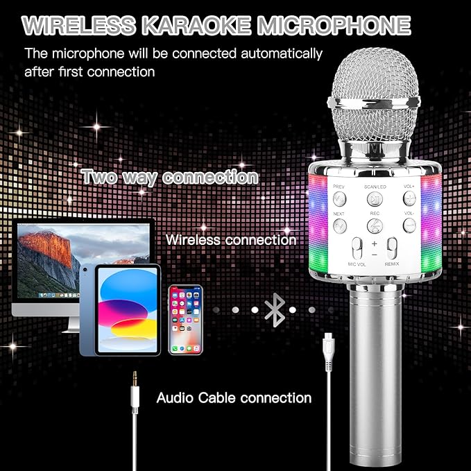 ShinePick Karaoke Microphone, 4 in 1 Wireless Microphone with LED Lights Handheld Portable Karaoke Machine, Home KTV Player, Compatible with Android & iOS Devices (Silver)