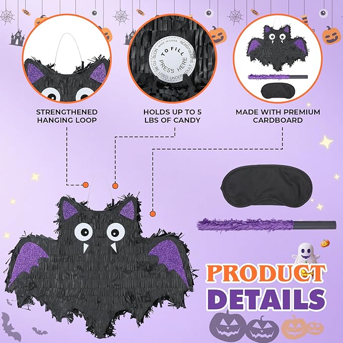 Bat Pinatas Bundle with a Blindfold and Bat (16.5 x12.6x4 Inches), Perfect for kid's Birthday Parties Decoration, Animal Theme Party