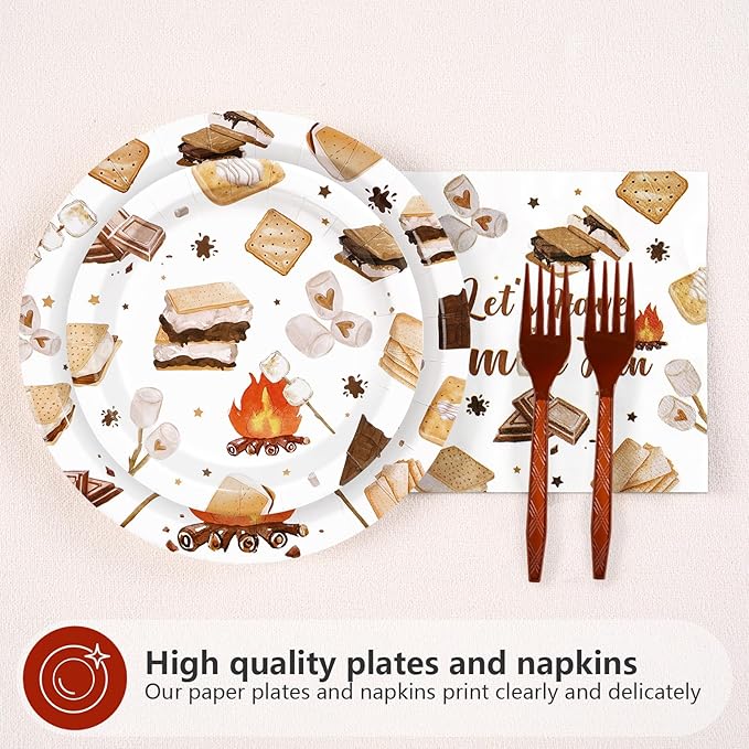 96 Pcs Smore Camping Party Decorations Everything is S'More Fun with Friends Plates and Napkins Camping Themed Tableware Set for Campers Birthday Baby Shower Campfire Bonfire Party Supplies Serves 24