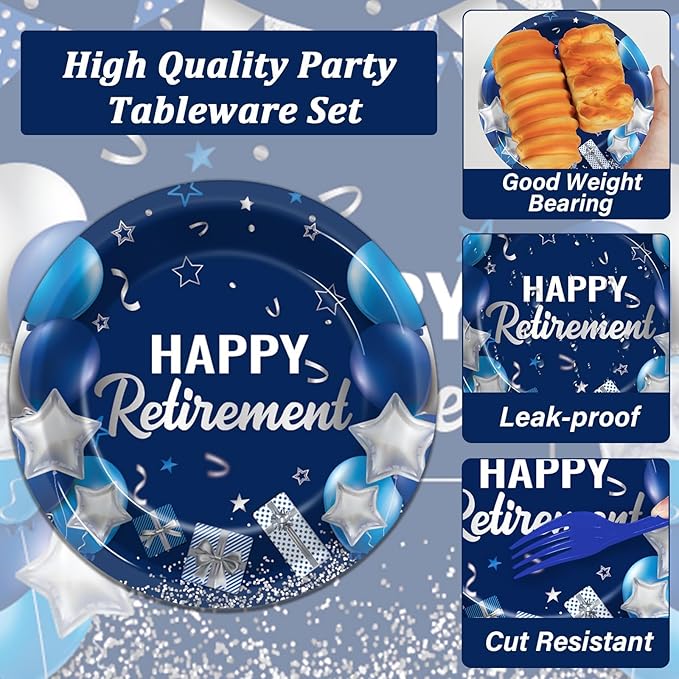 gisgfim 96 Pcs Retirement Plates and Napkins Party Supplies Paper Happy Retirement Party Tableware Set Blue Silver Decorations Favors for Men Women for 24 Guests
