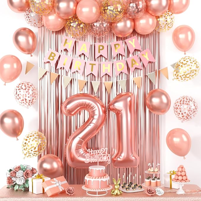 Rose Gold 21st Birthday Decorations, Happy Birthday Party Decorations With 21 Number Balloons Metallic Pearl Gold Rose Balloons Banner Fringe Curtain Cake Topper For Girl Women 21st Party Supplies