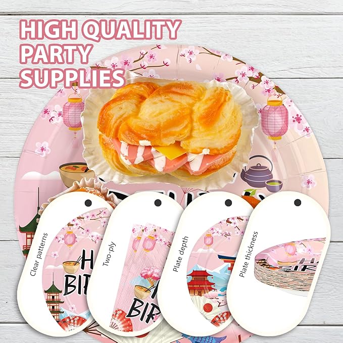 96 Pcs Hibachi Party Decorations Japanese Cherry Blossom Birthday Party Supplies Disposable Pink Hibachi Paper Plates Tableware for Birthday Hibachi Japanese Party Decorations Serves 24