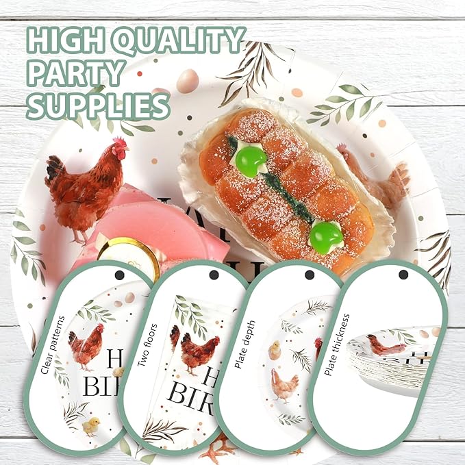 96Pcs Chicken Birthday Party Decorations Barnyard Farm Animal Paper Plates Disposable Watercolor Hen Chick Supplies Tableware for Birthday Baby Shower Chicken Themed Party Decorations Serves 24