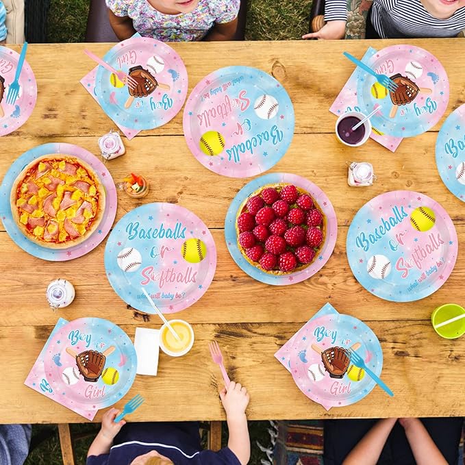 96Pcs Baseball or Softball Party Decoration Baseball Gender Reveal Plates and Napkins Pink Blue Sports Theme Disposable Tableware Set for He or She Baby Shower Party Supplies Serves 24